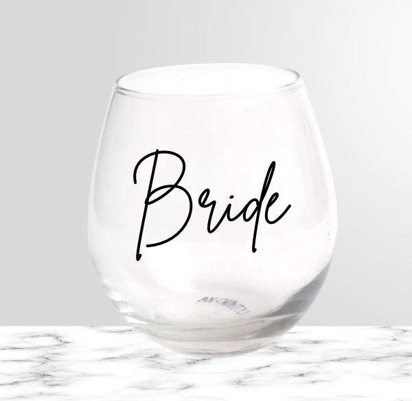 Bride stemless wine glass